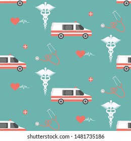 Medical Seamless abstract modern pattern ambulance, caduceus, stethoscope, heart - turquoise background - vector.