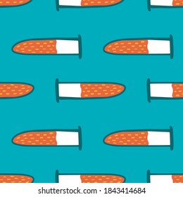 Patrón de doodle sin soldadura médica con ornamento simple flash. Bombillas de vidrio con sangre roja sobre fondo azul. Excelente telón de fondo para el diseño de tela, impresión textil, envoltura, cubierta. Ilustración vectorial.