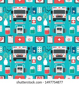 Medical seamless flat design set with ambulance. Vector illustration