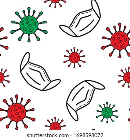 Medizinisch nahtloses Zeilenmuster mit Viren und Masken. Coronavirus, covid-19 Bakterien in flachem Stil. Mikroorganismen, grün und rot, in weißer Farbe.