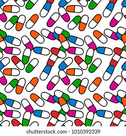 Medical seamless pattern background with colorful pills. Cartoon style vector illustration.