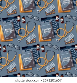 Medical Seamless pattern background. Stethoscope, Chest X Ray, pills and glasses on blue.