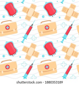 Medical Seamless Pattern with Blood Bag, Bandage, First Aid Kit, and Syringe. You can use this design to create poster, tshirt, pillow, tote bag, pouch, phone case, etc.
