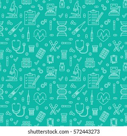 Medical Seamless Pattern Blue Color , Clinic Vector Illustration. Hospital Thin Line Icons - Thermometer, Check Up, Diagnostic, Microscope, Stethoscope. Cute Repeated Texture Business Presentation.