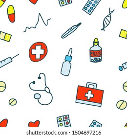 Medical seamless pattern. Children's freehand doodle pattern on the theme of health, healthy lifestyle, medicine, pediatrics. Vector illustration isolated on a white background.