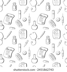 Medical seamless pattern, clinic doodle elements. Hospital icons thermometer check diagnosis pills syringe medicine capsules stethoscope. Vector illustration