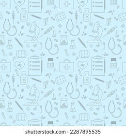Medizinisches nahtloses Muster, klinische Vektorgrafik. Dünnliniensymbole des Krankenhauses - Thermometer, Scheck, Tests, Medikamente, Erste-Hilfe-Kit, Spritze, Pillen, Mikroskop, Stethoskop.