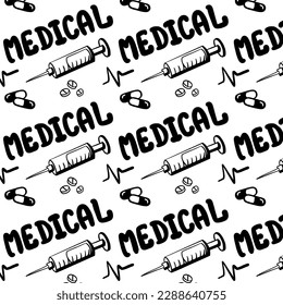 Patrón sin fisuras médicas, ilustración vectorial clínica. Iconos de la línea delgada del hospital - termómetro, chequeo, diagnóstico, microscopio, estetoscopio. Cuidar la presentación del negocio de texturas repetidas.