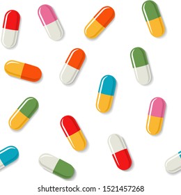 Medical seamless pattern with color capsules. Vector illustration in flat style isolated over white background