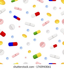 medical seamless pattern with colored bright pills on a white background
