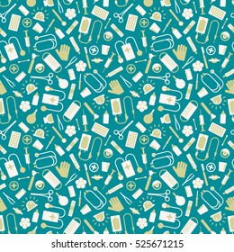 Medical seamless pattern with colorful instruments and tools on blue background flat vector illustration