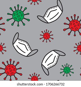 Medical seamless pattern with colour red and green viruses and white masks. Coronavirus, covid-19 bacteria in flat style. Micro-organisms disease on gray colour.