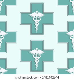 Medical seamless pattern - cross and caduceus - geometric modern ornament - turquoise background - vector.