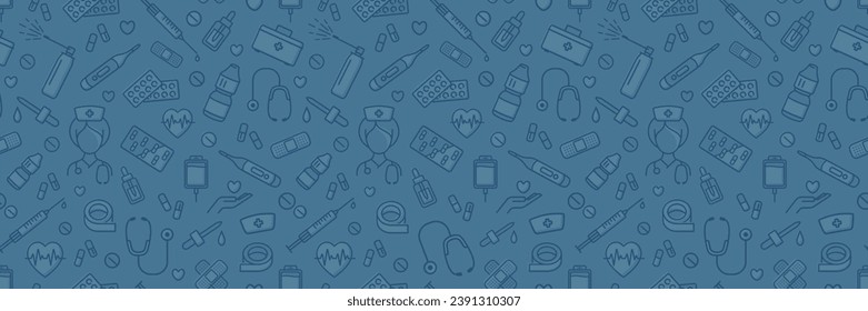 Patrón médico sin fisuras en colores azul oscuro. Iconos médicos mínimos de línea plana y saludables relacionados. Ilustración horizontal vectorial.