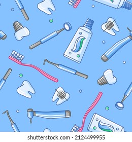 Medical seamless pattern with dental equipment icons. Dentistry and health care background.