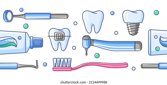 Medical seamless pattern with dental equipment icons. Dentistry and health care background.