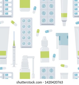 Medical seamless pattern with different pills and bottles. Blue and green colors. Isolated on the white background. Flat vector illustration. 