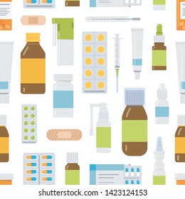 Medical seamless pattern with different pills and bottles. Isolated on the white background. Flat vector illustration. 