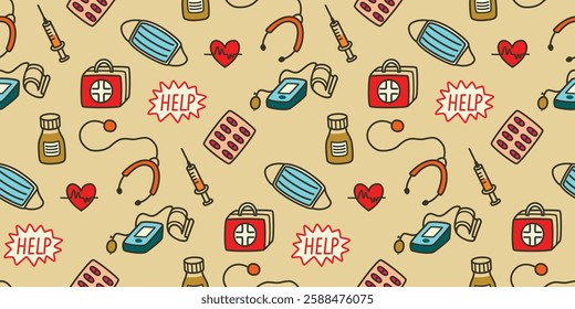Medical  seamless pattern with doodle elements.Tablets, syringe, sign Help, heart,blood pressure measuring device, stethoscope.Colored objects with outline. Vector design for textile, package.