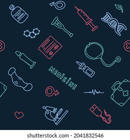 Medical seamless pattern. Medical doodle poster with medicines, test tubes and a thermometer. Big pharmacy set. Vector illustration card with hand-drawn pictures.
