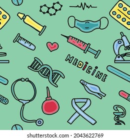 Medical seamless pattern. Medical doodle poster with medicines, test tubes and a thermometer. Big pharmacy set. Vector illustration card with hand-drawn pictures.