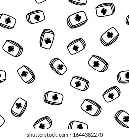 Medizinisches nahtloses Muster mit Verbandskasten im Doodle-Stil einzeln auf weißem Hintergrund. Medizinische Kiste gezeichnet. Vektorillustration-Rahmenillustration. Gestalten Sie Tapete, Wickelpapier, Textil, Stoff, Druck.