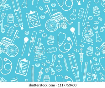 Medical seamless pattern. Flat style. isolated on blue background 