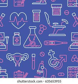 Medical seamless pattern, gynecology vector background dark purplr, pimk, white color. Obstetrics, pregnancy icons - ultrasound, gynecological chair, check up. Cute repeated illustration for hospital.
