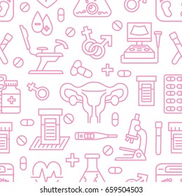 Medical seamless pattern, gynecology vector background pink color. Obstetrics, pregnancy line icons - baby ultrasound, gynecological chair, in vitro fertilization.