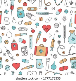 Medical seamless pattern hand drawn. Mobile medicine, medical research. Vector illustration