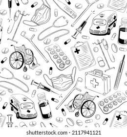 Medical seamless pattern. Hand drawn clinic stuff in sketchy vintage style on white background. Vector illustration.