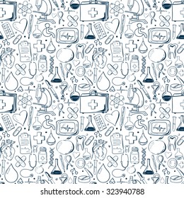 Medical seamless pattern. Hand drawn medical health care background. Vector Illustration. 
