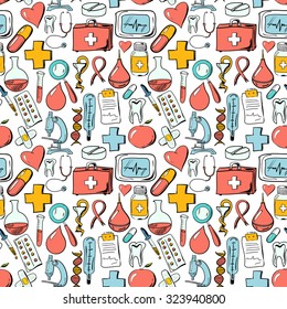 Medical seamless pattern. Hand drawn medical health care background. Vector Illustration. 