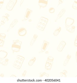 Medical seamless pattern with hand drawn medicines in beige tones/Background medical theme with painted objects in the style of the line sketch, doodle