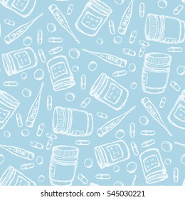 Medical seamless pattern, hand drawn doodle, pills, thermometer,
jar of pills. Vector illustration