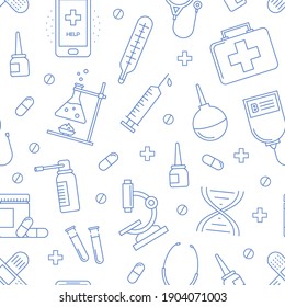 Medical seamless pattern. Hospital background with vector icons of health care equipment medicine cross, syringe, dropper, pill, thermometer, spray inhaler. Medicine and pharmacy elements, thin line