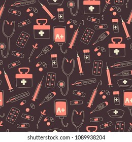 Medical Seamless Pattern. Hospital Elements - Thermometer, Stethoscope, Tablets and Syringe. 