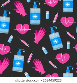 Medical seamless pattern includes antiseptic bottle ,Medical disposable gloves, syringe, Heart with ecg heartbeat isolated on white background.	