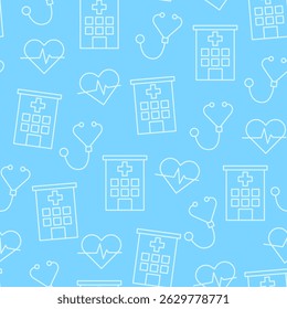 Medical seamless pattern in line art style includes hospital buildings, stethoscopes, heart rate pulse isolated on bright blue background.