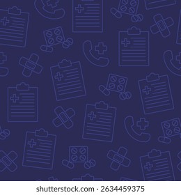 Medical seamless pattern in line art style includes pills, band aids,medical clipboards, phone emergency call icons isolated on dark purple background.	
