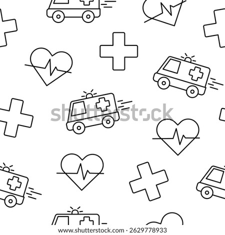Medical seamless pattern in line art style includes ambulance car, medical cross, heart pulse isolated on white background.