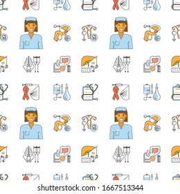 Medical seamless pattern in linear design. Hospital and healthcare elements. Flat Art Vector Illustration