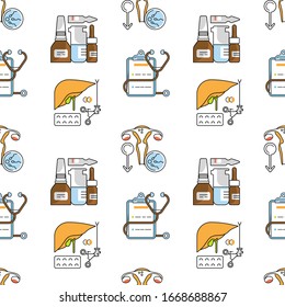 Medical seamless pattern in linear design. Hospital and healthcare elements. Flat Art Vector Illustration