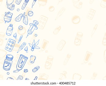 Medical seamless pattern with objects in monochrome blue colors/Background medical theme with painted objects in the style of the line sketch, doodle