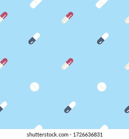 Medical seamless pattern of pills and capsules. Hand drawn isolated elements. Medicine supplements. Vector Illustration