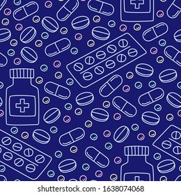 Medical seamless pattern with pills. Suitable for background, pharmacy banner, printing, fabric.