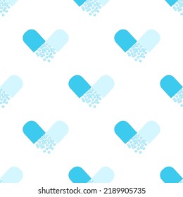 patrón médico sin fisuras con cápsulas de color azul, farmacología con productos farmacéuticos, antecedentes medicinales para envolver píldoras o medicamentos, ilustración vectorial de estilo plano