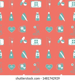 Medical seamless pattern - stethoscope, bag pevoy aid, drip, tablets, tonometer, syringe - red background - vector.