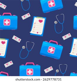 Medical seamless pattern with stethoscopes, doctor checklists, first aid kits and pills isolated on dark blue background.