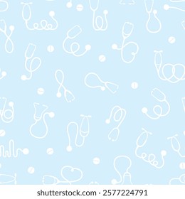 Medical seamless pattern with stethoscopes and white pills. Hospital textile print design, wrapping or covers. Medicine, healthcare, pharma vector background